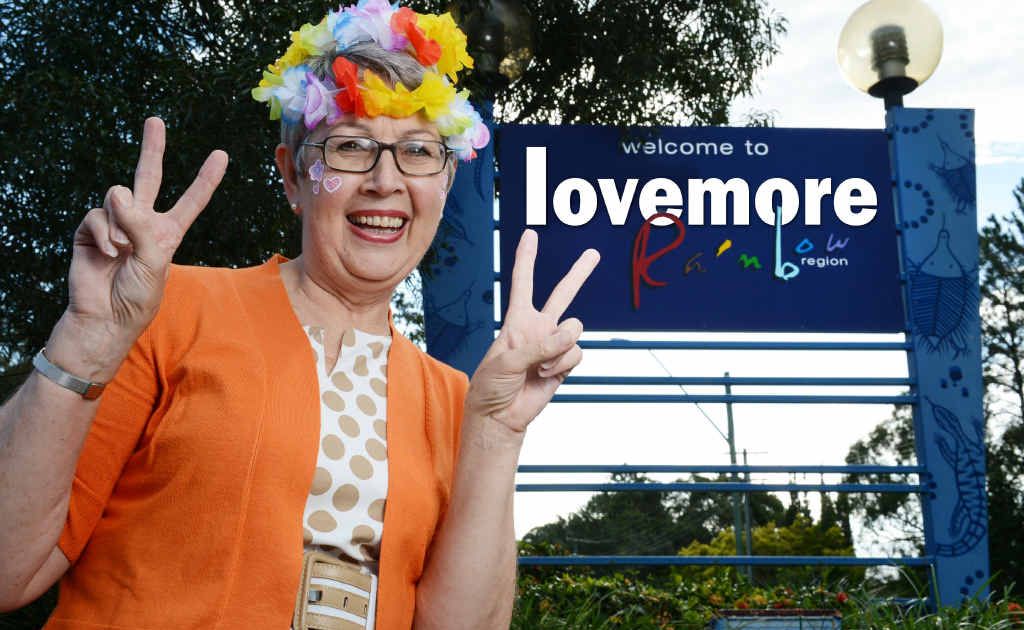 FEEL THE LOVE: Lismore Mayor Jenny Dowell beside a ‘welcome to Lismore’ – err, ‘lovemore’ – sign on the Ballina Rd roundabout outside The Northern Star’s Goonellabah offices. Lismore Council will not be changing the signs around Lismore - that's just a bit of digital mischief from us. FEEL THE LOVE: Lismore Mayor Jenny Dowell beside a ‘welcome to Lismore’ – err, ‘lovemore’ – sign on the Ballina Rd roundabout outside The Northern Star’s Goonellabah offices. Lismore Council will not be changing the signs around Lismore - that's just a bit of digital mischief from us.